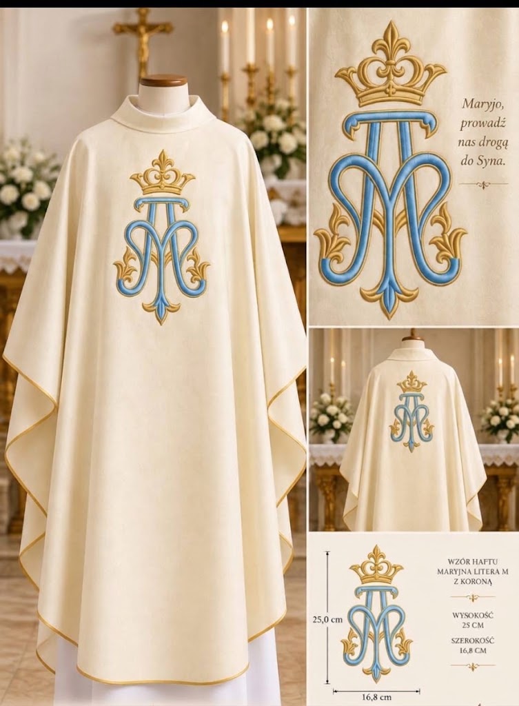 Ornat maryjny ecru z haftowaną literą M i koroną – 135 cm - Ornaty Maryjne