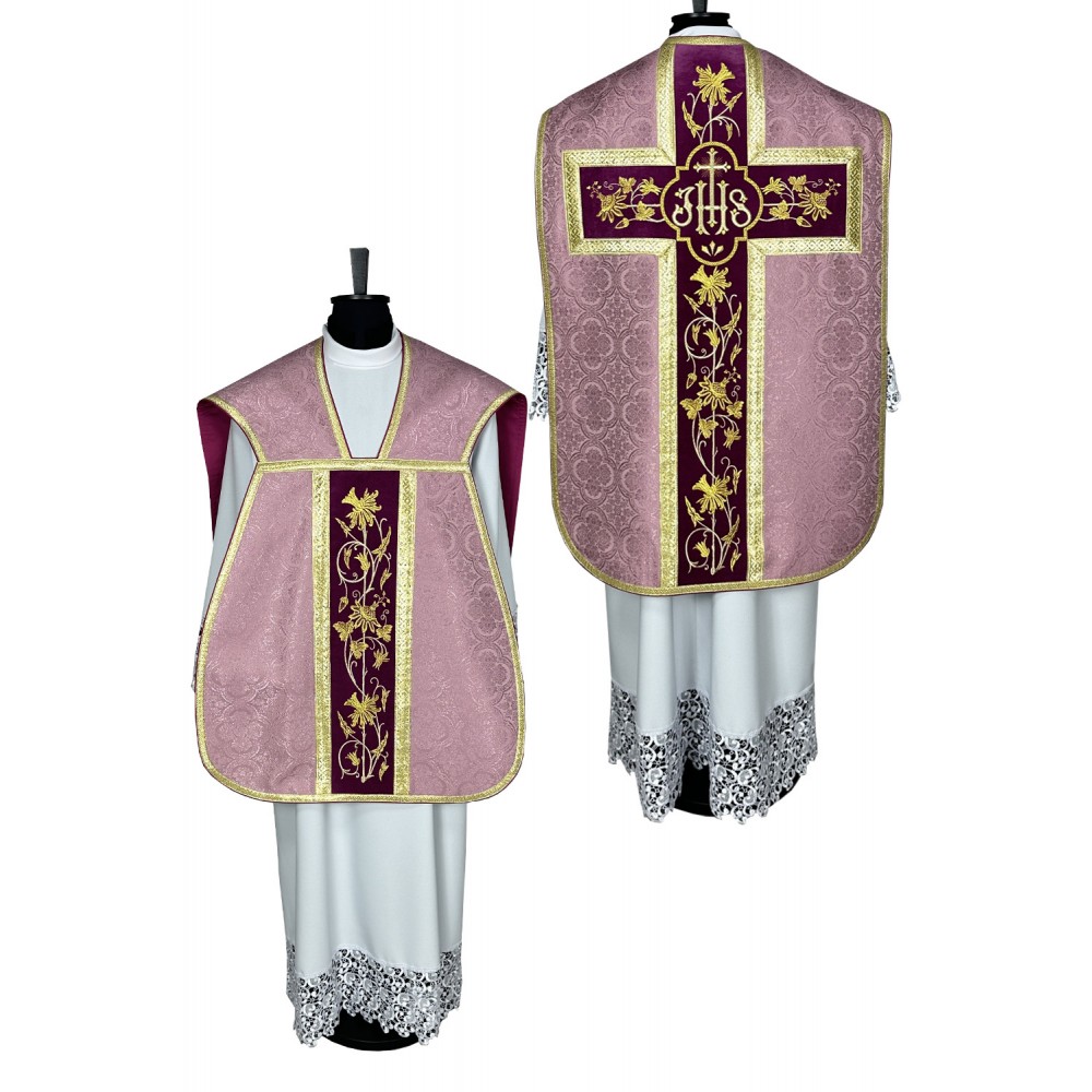 Ornat rzymski IHS - różowy, żakard (39) - Ornaty rzymskie