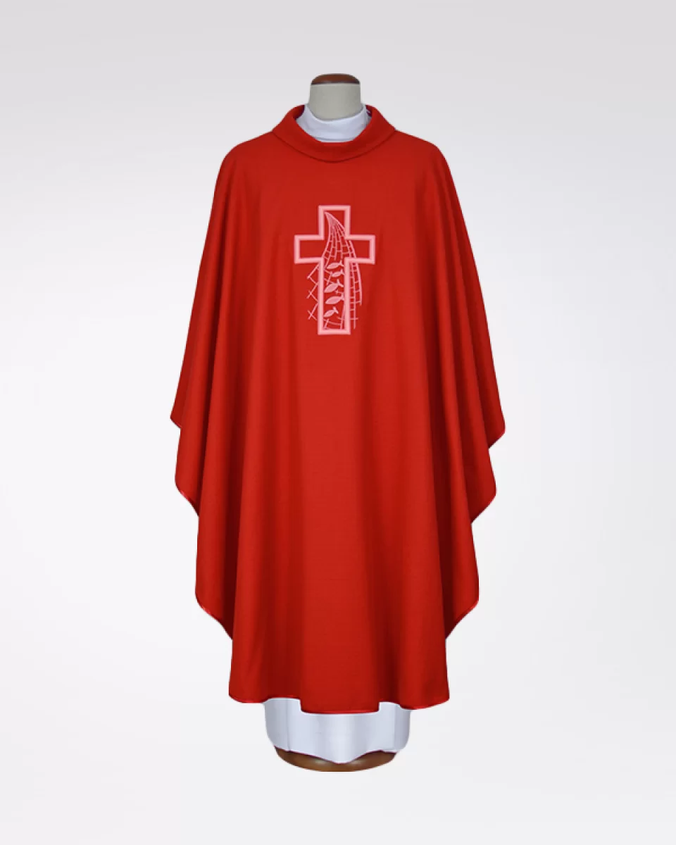 Ornat czerwony haftowany - tkanina len (14) - Ornaty lniane - Nowość